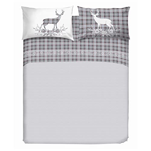 PENSIERI DELICATI Bettwäsche-Set für Ehebett aus 100% Baumwolle, Bettwäsche für Doppelbett 180x200 Inklusive Unterlaken, Oberlaken und 2 Kissenbezügen, Made in Italy, Tartan Hirsche Grau Fantasie von PENSIERI DELICATI