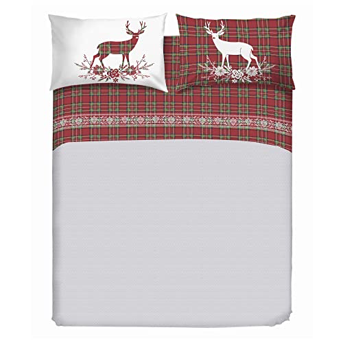 PENSIERI DELICATI Bettwäsche-Set für Ehebett aus 100% Baumwolle, Bettwäsche für Doppelbett 180x200 Inklusive Unterlaken, Oberlaken und 2 Kissenbezügen, Made in Italy, Tartan Hirsche Rot Fantasie von PENSIERI DELICATI