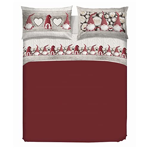 PENSIERI DELICATI Bettwäsche-Set für Ehebett aus 100% Baumwolle, Bettwäsche für Doppelbett 180x200 Inklusive Unterlaken, Oberlaken und 2 Kissenbezügen, Made in Italy, Zwerge Rot Fantasie von PENSIERI DELICATI