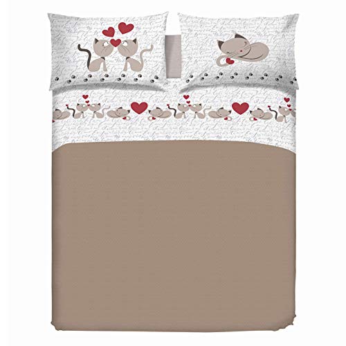 PENSIERI DELICATI Bettwäsche-Set für Ehebett aus 100% Baumwolle, Bettwäsche für Doppelbett 180x200 inklusive Unterlaken, Oberlaken und 2 Kissenbezügen, Made in Italy, Beige Kätzchen Fantasie von PENSIERI DELICATI