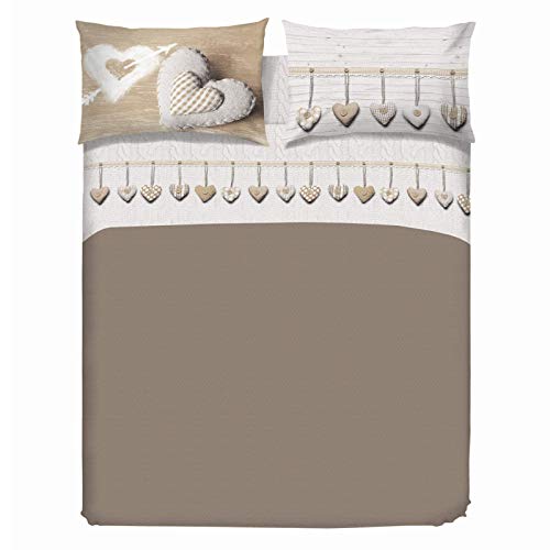 PENSIERI DELICATI Bettwäsche-Set für Ehebett aus 100% Baumwolle, Bettwäsche für Doppelbett 180x200 inklusive Unterlaken, Oberlaken und 2 Kissenbezügen, Made in Italy, Beige hängendes Herzmuster von PENSIERI DELICATI