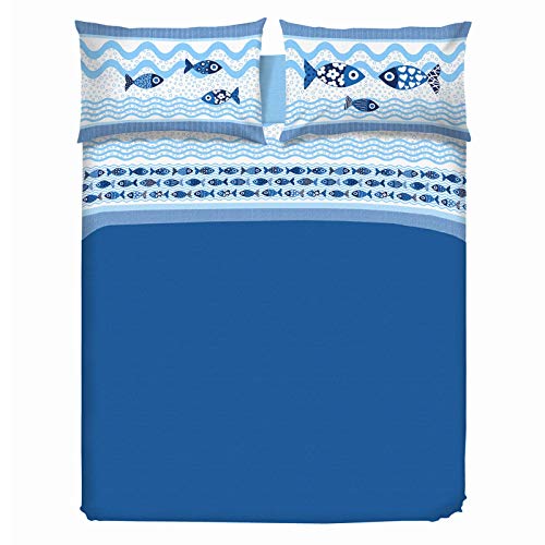 PENSIERI DELICATI Bettwäsche-Set für Ehebett aus 100% Baumwolle, Bettwäsche für Doppelbett 180x200 inklusive Unterlaken, Oberlaken und 2 Kissenbezügen, Made in Italy, Blau Sea Life Muster von PENSIERI DELICATI