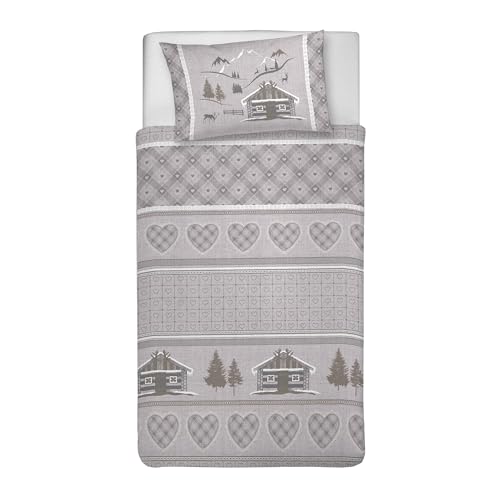 PENSIERI DELICATI Bettwäsche-Set für Einzelbett, 100% Baumwolle, komplett mit Bettbezug 1550 x 200 cm und 1 Kissenbezug 52 x 82 cm, hergestellt in Italien, maschinenwaschbar bei 40 °C, Muster Chalet von PENSIERI DELICATI