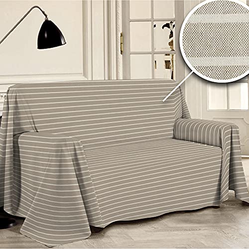 PENSIERI DELICATI Sofabezug 250 x 290 cm Made in Italy, Garn gefärbtes Abdeckung aus 100% Reiner recycelter Baumwolle, Beige Gestreift, Ideal als Möbel Tuch, Sofa Überzug, Picknickdecke von PENSIERI DELICATI