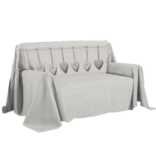 PENSIERI DELICATI Sofaüberwurf 180 x 290 cm, hergestellt in Italien, Überwurf aus 100% Reiner Baumwolle, Motiv Herz zum Aufhängen, Beige, ideal als Sofaüberwurf oder Sommerdecke (1 Bett) von PENSIERI DELICATI