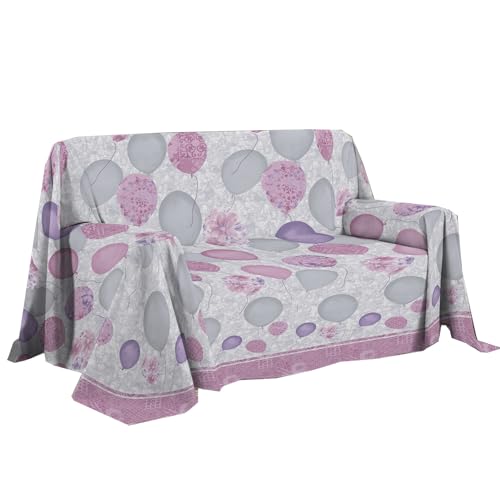 PENSIERI DELICATI Sofaüberwurf 250 x 290 cm, hergestellt in Italien, Überwurf aus 100% Reiner Baumwolle, Muster rosa Luftballons, ideal als Möbelbezug, Sofaüberwurf oder Sommerdecke (2-Sitzer) von PENSIERI DELICATI