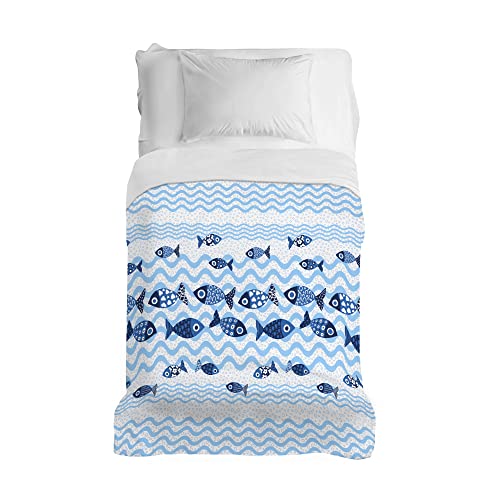 PENSIERI DELICATI Tagesdecke 170 x 280 cm, Einzeltuch 100% Baumwolle Pique, Ideal Zum Thema Wohnen, Decke Salva Bett Doppelbett, Fantasie Fische Blaue, 100% Made in Italy von PENSIERI DELICATI