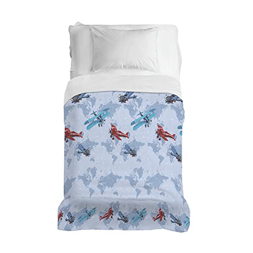 PENSIERI DELICATI Tagesdecke 220 x 280 cm, Einzeltuch 100% Baumwolle Pique, Ideal Zum Thema Wohnen, Decke Salva Bett Einzelnes Maxi, Fantasie Flugzeuge Blaue, 100% Made in Italy von PENSIERI DELICATI