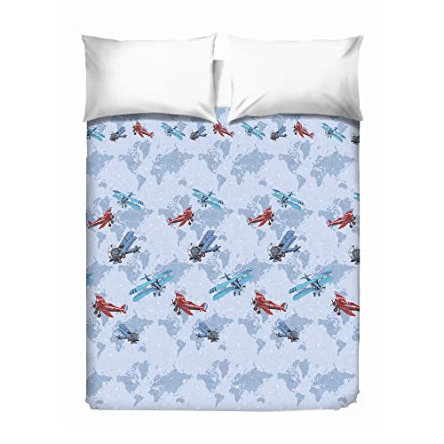 PENSIERI DELICATI Tagesdecke 260 x 280 cm, Einzeltuch 100% Baumwolle Pique, Ideal Zum Thema Wohnen, Decke Salva Bett Einzelne, Fantasie Flugzeuge Blaue, 100% Made in Italy von PENSIERI DELICATI