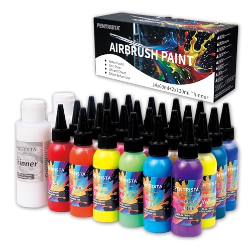 PENTRISTA Airbrush Farbe, 24 * 60ml+2 * 120ml Verdünner, Acryl-Luftpinsel-Set, blickdichte und neon Farben für Anfänger, Künstler, DIY-Projekte PENTRISTA Airbrush Farbe, 24 * 60ml+2 * 120ml Verdünner, Acryl-Luftpinsel-Set, blickdichte und neon Farben für Anfänger, Künstler, DIY-Projekte von PENTRISTA