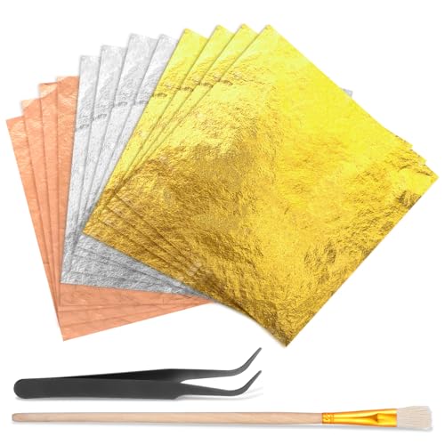 150 Blatt Goldfolie zum Basteln Gold Folie Flocken blattgold Papier 14X14CM Multifunktion Blattgold Blätter mit Pinzetten und Bürsten Blattgolds für Vergoldung,Malerei,Küche Mousse Kuchen-3 Farben von PEOVLVN