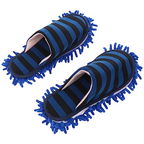 PEPLAYTAL 1 Paar Multifunktionale Chenille Reinigungsschuhe Staubwisch Pantoffeln für Haushalt Waschbar Einheitsgröße Blau Gestreift für Bodenreinigung und Pflege von Fliesen und Vinylböden von PEPLAYTAL