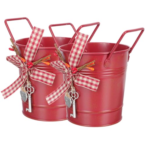 PEPLAYTAL 2 Stück Retro Metall Blumentopf mit Henkel Weihnachtsdeko Vintage Pflanzkübel für Balkon und Zaun Rot von PEPLAYTAL