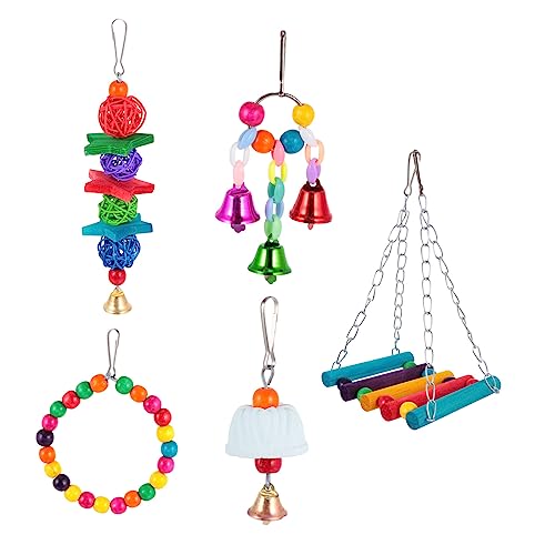 PEPLAYTAL 5 Stück Papageien kauspielzeug aus Holz und Bunte Hängeschaukel mit Glocke Vogelkäfig Zubehör für Sittiche Nymphensittiche und Kleine Vögel Beißen Zufällige Farbe Zufällige Farbe von PEPLAYTAL
