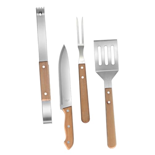 PEPLAYTAL BBQ Grillbesteck Set Teilig Edelstahl mit Buchenholzgriff Grillzange Spachtel Messer und Gabel für Outdoor Grillen Camping Picknick rutschfeste Griffe Langlebig Kompakt und von PEPLAYTAL