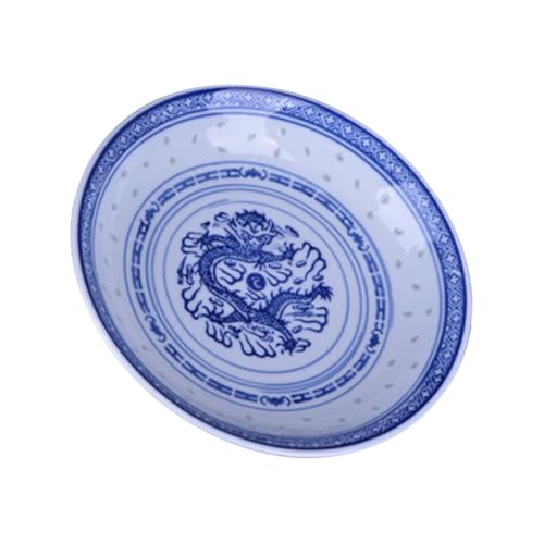 PEPLAYTAL Eleganter Chinesischer Keramik Snackteller mit Blau Weißem Drachenmuster Stabile Bruchfeste Salat und Obstplatte Dekoratives Vintage Porzellan Einfach zu Reinigen und Langlebig von PEPLAYTAL