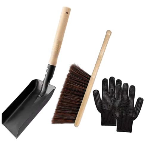 PEPLAYTAL Feuerstellen Reinigungsset mit Kaminofenschaufel Handbesen aus Holz Silikonhandschuhe Robustes Kamin Zubehör zum Einfachen Entfernen von Rückständen Schmutz Vielseitig und von PEPLAYTAL