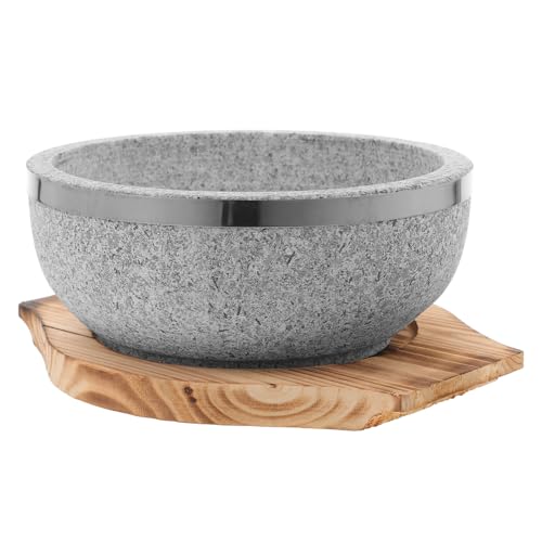 PEPLAYTAL Koreanische Stein Schale Hochtemperaturbeständig für Bibimbap Suppe mit Natürlichem Steinmaterial und Holzuntersetzer Große Beschichtungsfreie Kochschüssel für Ofen und Herd von PEPLAYTAL