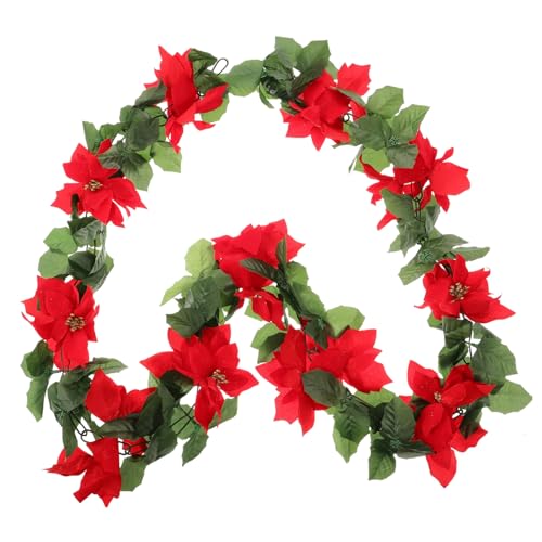 PEPLAYTAL Weihnachtsdeko Rattan Girlande mit Künstlicher Roter Blume Biegsam Grüne DIY Weihnachtskranz Ornament Natürlicher Look für Tür Fenster Baum Treppe von PEPLAYTAL