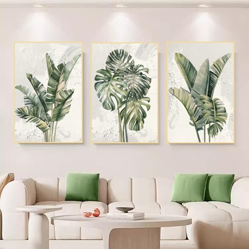 Dreiteiliges Posterset für abstrakte Kunst, Hintergrundmalerei mit grünen fächerförmigen Blättern, rahmenlose dekorative Malerei auf Leinwandmaterial (30 * 40cm) von PEPNGKM