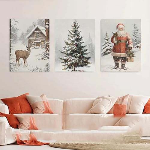 PEPNGKM Set aus drei Kunstplakaten, Weihnachtshintergrund, Weihnachtsmann mit Geschenken und Antilope, Weihnachtsbaum als Hintergrund, Leinwandmaterial, ungerahmt (40 * 60cm) von PEPNGKM