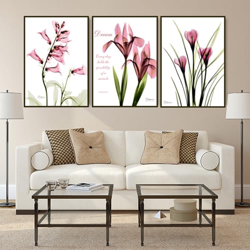 Set aus drei Postern mit Bild eines rosa Blumenstraußes und grünen Blättern auf dem Hintergrund, Leinwandmaterial, dekoratives Kunstgemälde für Wohnzimmer und Schlafzimmer, ungerahmt (70*100cm) von PEPNGKM