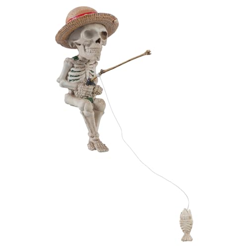 PEPWE Horror-Skelett mit Angelrute, Miniatur-Figur mit Hut, Halloween-Dekoration für Außen- oder Innenbereich, Gartenteich-Ornament von PEPWE