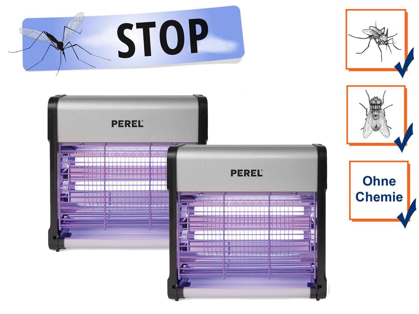 Insektenschutzplissee, PEREL, Hängend oder Standgerät, UV Insektenlampe Stechmücken-Falle Mückenlampe Fliegenfalle 30-150m² von PEREL