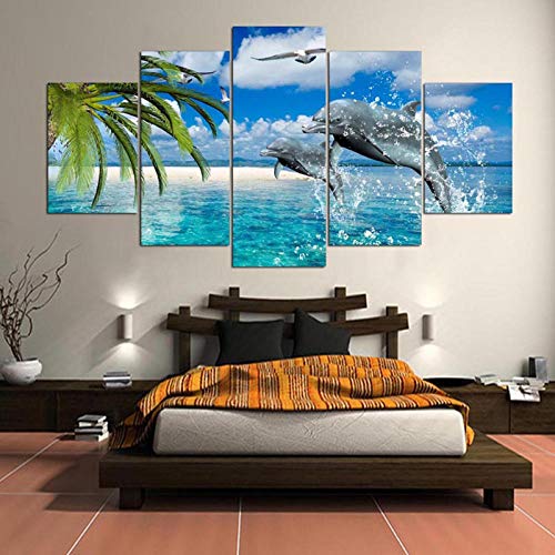 Leinwandbilder Blaues Meer Delfine Kokospalmen - Bilder auf Leinwand - Modern Kunstdruck - Wandbilder Poster - Wandgemälde für Kinderzimmer Wohnzimmer Home Dekoration, 150x80cm, 5 Teilig, ohne Rahmen von PERFECTPOT