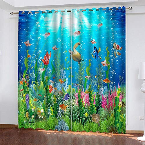 Vorhänge Blaue Ozeanwelt Fisch Vorhang Blickdicht mit Ösen 100% Polyester Gardinen Isolierend Schalldämmend Verdunkelungsvorhänge für Wohnzimmer Kinderzimmer Schlafzimmer Küche Dekoration 280x250cm von PERFECTPOT