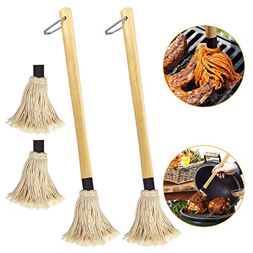 PERFETSELL 2 Stück BBQ Mops Pinsel 49cm Lang Grillpinsel Baumwollkopf Küchenpinsel Backpinsel mit langem Holz Griff BBQ Saucen Mop Marinaden Grillbürste mit 2 Stück Ersatz Köpfe zum Grillen Backen von PERFETSELL