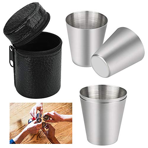 PERFETSELL 4 Stück Edelstahlbecher 30ml Klein Edelstahl Becher Schnaps Schnapsbecher Stapelbare Trinkbecher Flachmann Becher Camping Schnapsgläser Tragbar Metallbecher mit Lederetui für Outdoor Urlaub von PERFETSELL