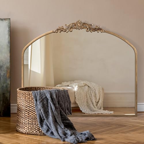 PERFNIQUE Gold Vintage Spiegel, 91 x 76 cm gewölbter antiker Barockspiegel für Wand, Messing Traditionelle kunstvolle Wanddekoration für Badezimmer Wohnzimmer Kamin Eingang Flur (91 x 76 cm) von PERFNIQUE