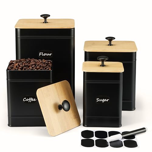 PERFNIQUE Küchen Vorratsdosen Set - 4er Kaffee Mehl Zucker Salz Aufbewahrung Set, Lebensmittel Vorratsdosen Mit Luftdicht Deckel (Schwarz) von PERFNIQUE