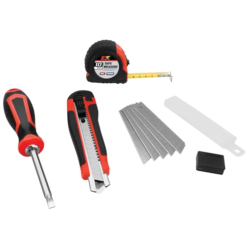 Performance Tool W5049 4-teiliges Werkzeugset: Eigenschaften Doppelendschraubendreher mit Kreuzschlitz #2 und geschlitzten 3/16-Zoll-Enden, 3 m Maßband, 6/1/2 Zoll Universalmesser mit 5 Ersatzklingen von PERFORMANCE TOOL