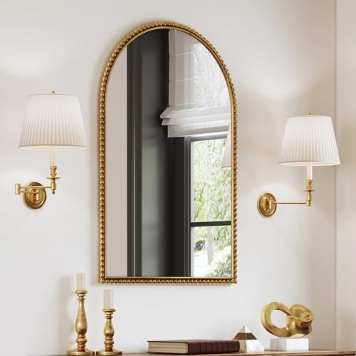 PERHOM Gewölbter Wandspiegel, 61 x 91,4 cm, Vintage-Spiegel mit massivem Perlenrahmen, barocke, ästhetische Raumdekoration für Badezimmer, Schlafzimmer, Wohnzimmer, Eingang, Kamin, Gold von PERHOM