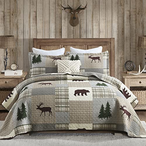 PERHOM Quilts King Size – Farmhouse Plaid King Quilt Set, 100% Baumwolle, dunkelgrüne Bäume, brauner Bär, Hirsch, Patchwork, wendbare Tagesdecke, leichtes Bettwäsche-Set mit 2 Kissenbezügen von PERHOM