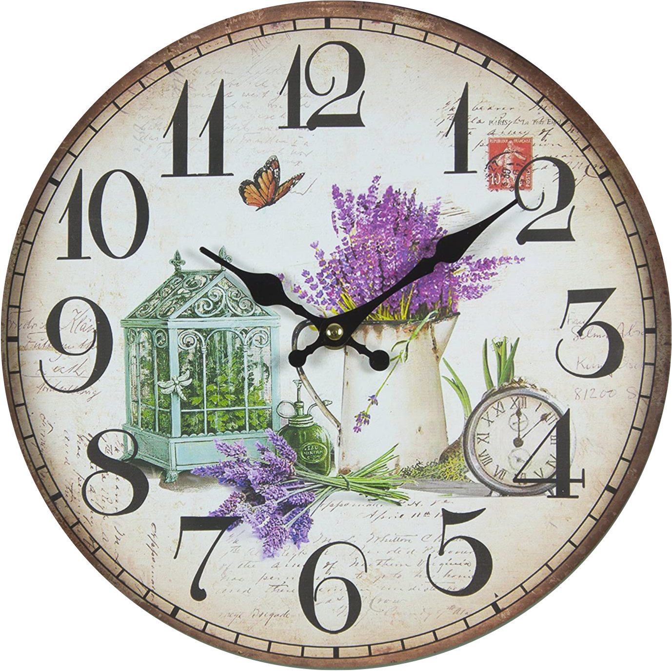 PERLA pd DESIGN Wanduhr Vintage-Wanduhr Lavendelmotiv geräuschlos Ø28cm MDF Design (Geräuschloses Uhrwerk, Lavendelmotiv, MDF-Holz, Wandmontage) von PERLA pd DESIGN