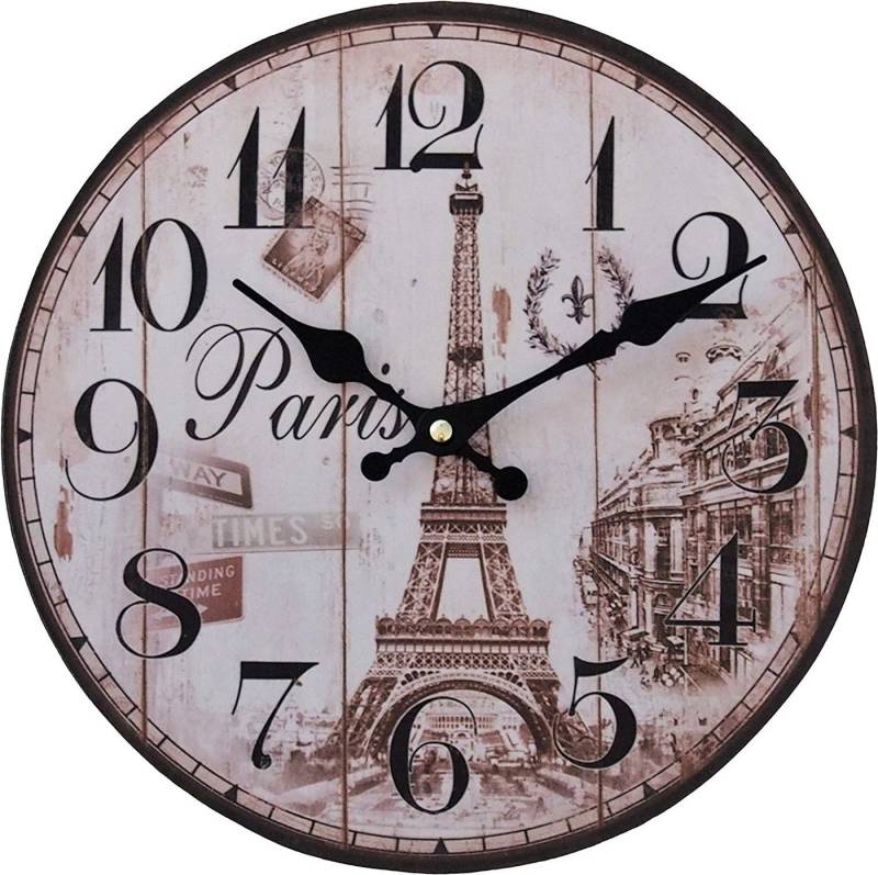 PERLA pd DESIGN Wanduhr Wanduhr Paris Vintage Design MDF Ø28cm (Geräuscharmes Uhrwerk, Paris-Druck, MDF-Holz) von PERLA pd DESIGN