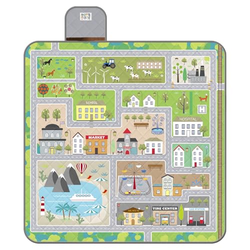 Lustig Picknickdecke Wasserdicht Faltbar für Kinder - Spielzeugautobahn Outdoor Camping Decke Mädchen Jungen - Stranddecke Washbar für Strand Park Picknick (Autobahn für Spielzeugautos, 150x150 cm) von PERLETTI