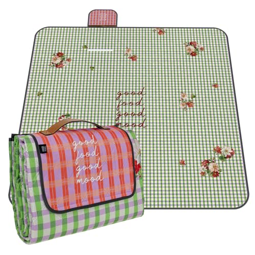 PERLETTI Picknickdecke Wasserdicht Faltbar Groß 200x200 - Outdoor Camping Decke mit Tragegurt - Stranddecke Strandmatte Washbar für Strand Park Festival Picknick (Kariert mit Blumen, 200x200 cm) von PERLETTI