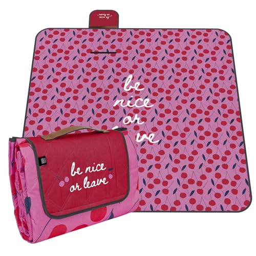 PERLETTI Picknickdecke Wasserdicht Faltbar Groß 200x200 - Outdoor Camping Decke mit Tragegurt - Stranddecke Strandmatte Washbar für Strand Park Festival Picknick (Kirschen, 200x200 cm) von PERLETTI