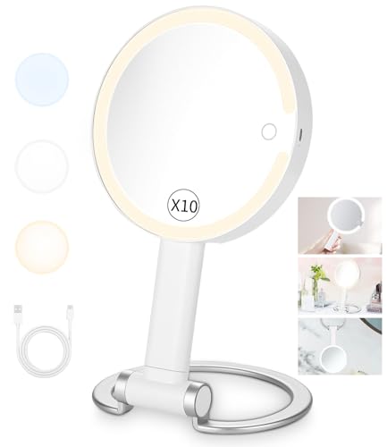Kosmetikspiegel mit Beleuchtung,Reisespiegel mit Licht,Doppelseitiger Spiegel mit 10 X/1X Vergrößerung,3 Farblichter,Dimmbarer Touchscreen Schminkspiegel,Faltbarer,Handheld/Hängend/Tischplatte von PERMUST