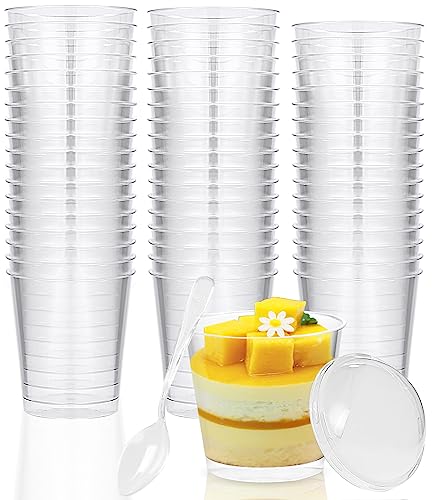 PERMUST 50 Stück Dessertbechern 200 ml Dessertschalen-Set, Mit 50 Suppenlöffeln 50 Deckel, DIY dessertschalen, Wiederverwendbar für Mousse, Pudding,Eis,für Buffets,Dessertparty,Picknick von PERMUST