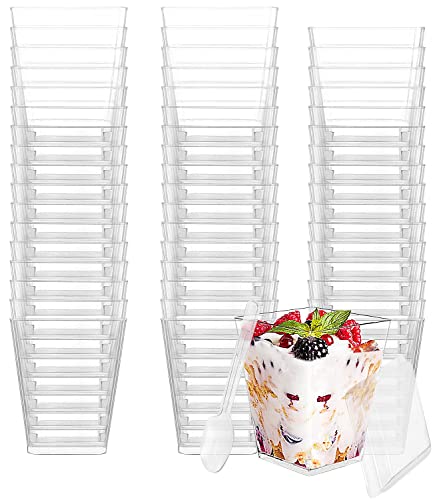 PERMUST 50 Stück Dessertbechern 210 ml Dessertschalen-Set, Mit 50 Suppenlöffeln 50 Deckel, DIY dessertschalen, Wiederverwendbar für Mousse, Pudding,Eis,für Buffets,Dessertparty,Picknick von PERMUST