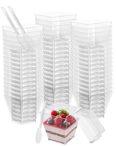 PERMUST 50 Stück Dessertbechern 70 ml Dessertschalen-Set, Mit 50 Suppenlöffeln 50 Deckel, DIY dessertschalen, Wiederverwendbar für Mousse, Pudding,Eis,für Buffets,Dessertparty,Picknick von PERMUST