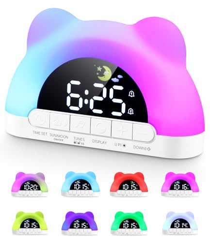 PERMUST Wecker Kinder Mädchen Jungen, Led Kinderwecker 10 Weckerlärme und 11 RGB-Farben, Wecker Digital Kinder 2 Alarme + Snooze, Schlaftrainer Kinder Einstellbare Helligkeit & Lautstärke von PERMUST
