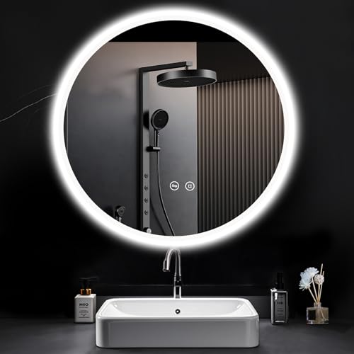 PESENXAN Runder Spiegel mit Beleuchtung, 60x60cm Badspiegel mit Beleuchtung Rund 3 Lichtfarbe Einstellbare, Dimmbar, LED Spiegel Bad mit Touch-Schalter, Speicherfunktion, Warmweiß/Kaltweiß/Neutral von PESENXAN