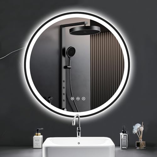 PESENXAN Runder Badspiegel mit Beleuchtung 60cm – Antibeschlag Spiegel Dimmbar, 3 Lichtfarben LED, Energiesparend mit Touch-Schalter & Speicherfunktion – Schwarz von PESENXAN