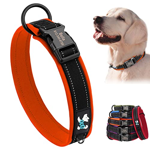 PET ARTIST Individuell reflektierendes Hundehalsband mit Namen, Komfort-Neopren-gepolstertes Hundehalsband mit robuster Metall-Gürtelschnalle für kleine, mittelgroße und große Hunde (M, Orange) von PET ARTIST